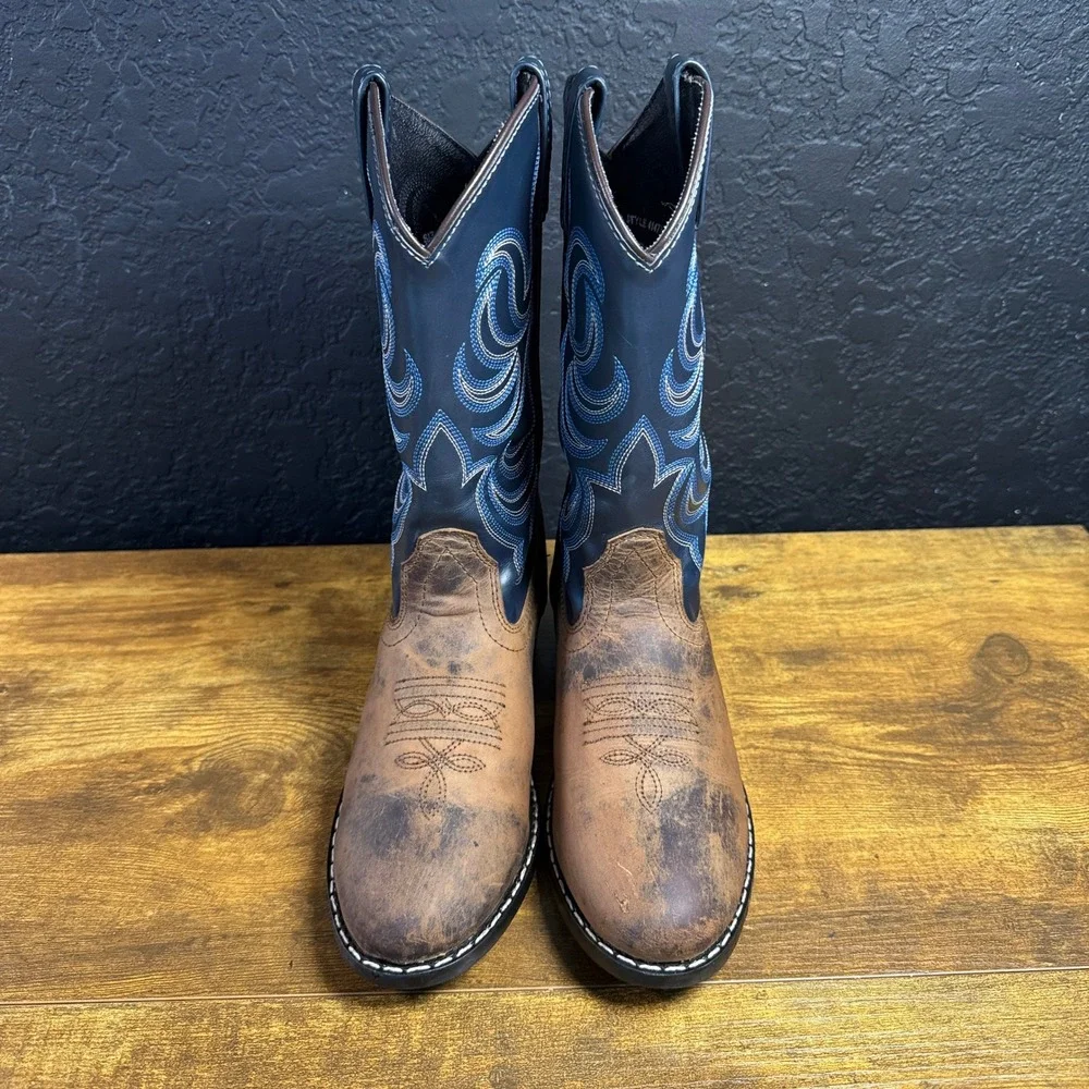 Cody James 41477 Brown Blue Leather Western Cowboy Boots Kids Size 4D